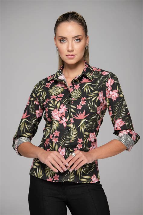 CAMISA FEMININA SOCIAL MANGA LONGA FLORAL AYDEN PREMIUM DISTRIBUIÇÕES