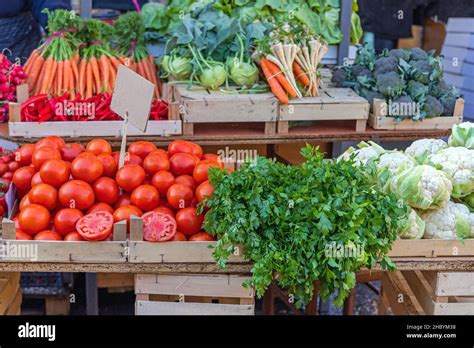 Fresh Vegetables In Crates At Farmers Market Stock Photo Alamy