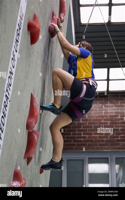 Young Climber Goes Up The Vertical Wall Fast At A Speed Climbing