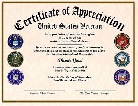 Veterans Day Free Printable Military Certificate Of Appreciation ...