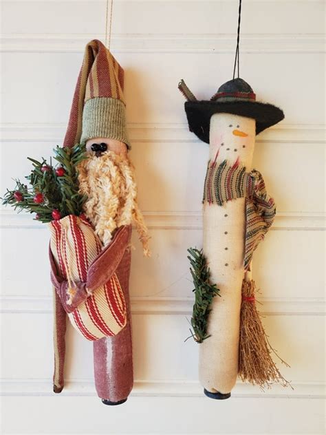 Primitive Christmas Snowman And Santa Ornament Set Primitive Etsy