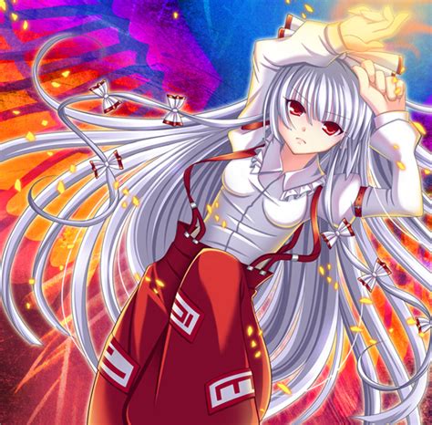 Safebooru Bow Fire Fujiwara No Mokou Hair Bow Hair Ribbon Long Hair