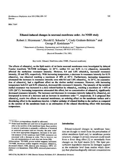 Pdf Ethanol Induced Changes In Neuronal Membrane Order An Nmr Study