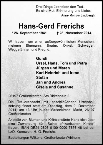 Traueranzeigen Von Hans Gerd Frerichs Nordwest Trauer De