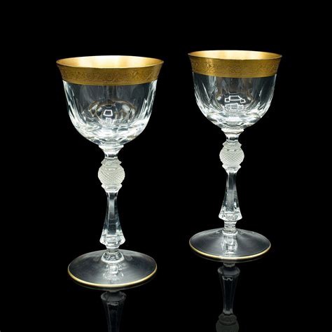 Pair Of Antique Celebratory Port Glasses French Gilt Stem Glass Art Deco In Antique Wine