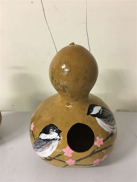 Chickadees With Pink Flowers Painted Gourd Birdhouse By Margie