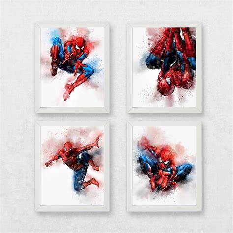 Set Of 4 Spiderman Watercolour Printmarvel Character Etsy