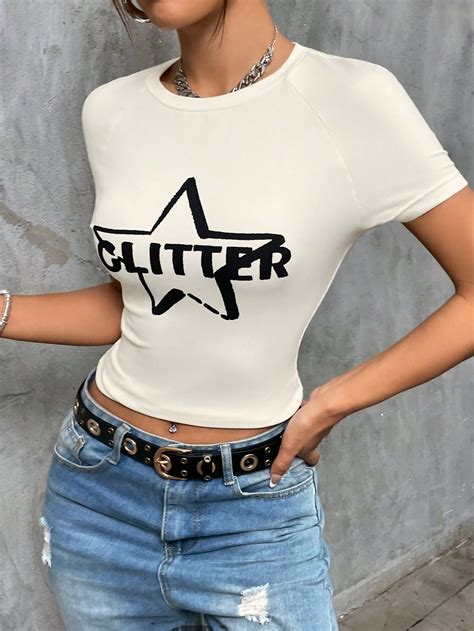 Grunge Star And Letter Graphic Raglan Sleeve Crop Tee Shein Usa