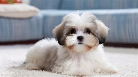 Un Cachorro Shih Tzu Tendido Sobre Una Alfombra Foto Premium