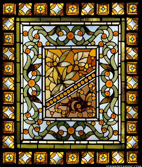 Green And Gold Filigree Square Stained Glass Window