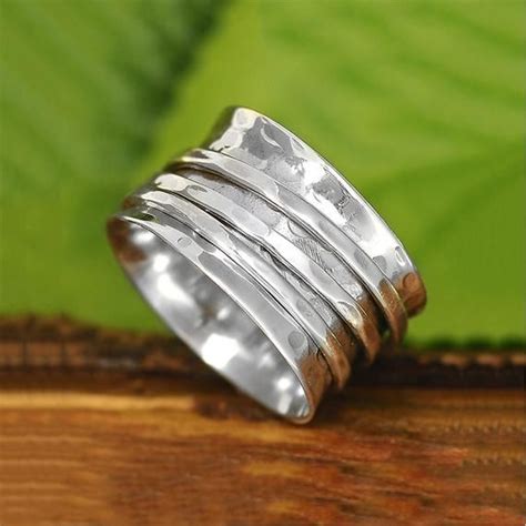 Hammered Wide Band Spinner Silver Ring Made Of Solid Sterling Silver