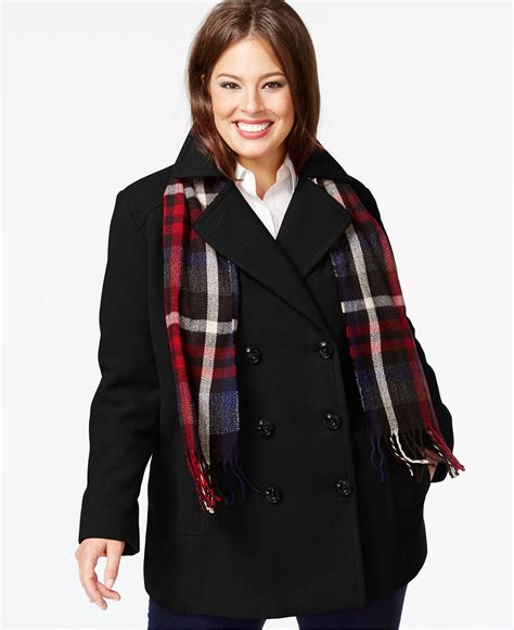 London Fog Plus Size Double Breasted Peacoat With Plaid Scarf Coats