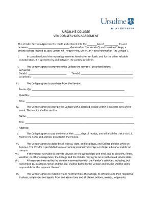 Fillable Online Ursuline Ursuline College Vendor Services Agreement