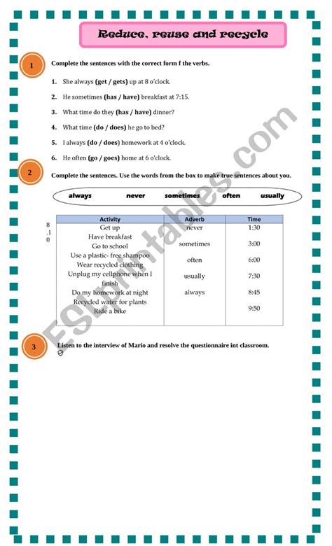 English Worksheets Eco Friendly Routines