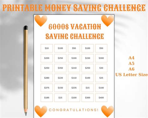 6k Vacation Money Saving Challenge Printable A4a5a6 Size Savings