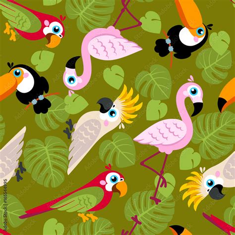 Seamless Pattern With Pink Flamingos Cockatoo Parrot Ara Toucan And