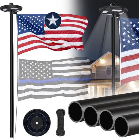 20FT Black Flag Pole Kit with Solar Light in Ground, 12 Gauge Extra