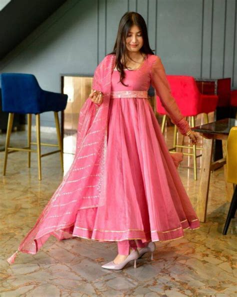 Casual Pink Organza Lace Work Anarkali Suit With Dupatta