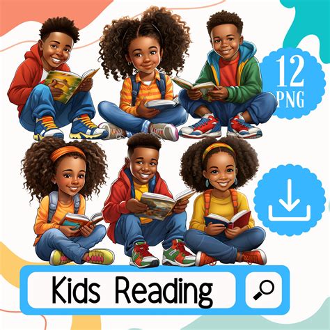 Black Kids Reading Clipart PNG. 12 Boys and Girls Bookworm Black ...