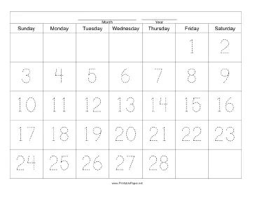 Printable Handwriting Calendar - 28 Day - Friday