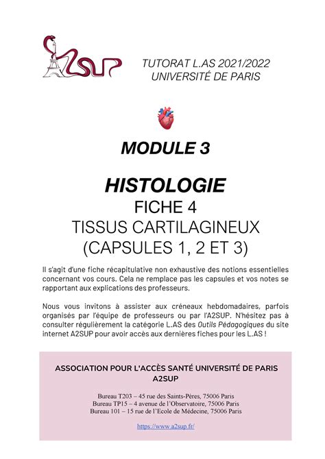 Fiche 4 Tissus Cartilagineux Histologie TUTORAT L 2021