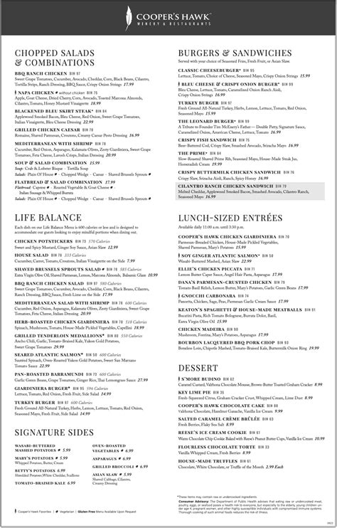 Cooper S Hawk Winery Restaurant Menu With Prices Updated July