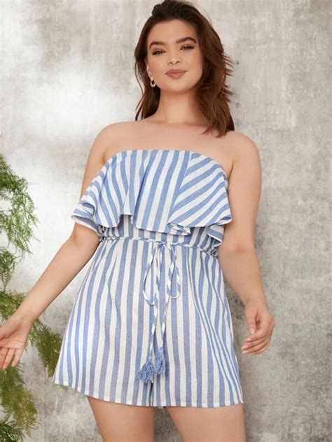 Shein Plus Striped Ruffle Trim Belted Tube Romper In Tube Romper