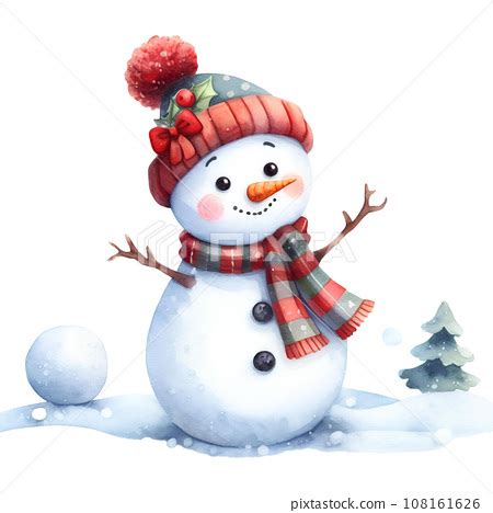 Watercolor Snowman With Hat And Scarf Isolated