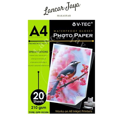 Jual Kertas Foto Glossy Photo Paper V TEC VTEC A4 210 Gsm 20 Sheets