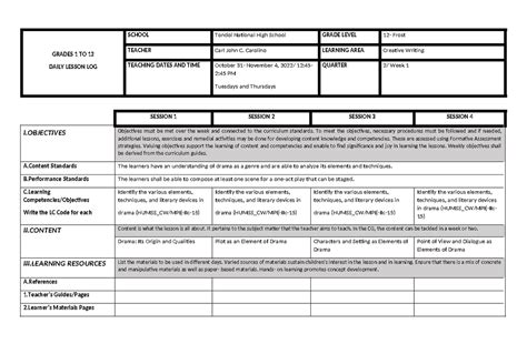 Cw Q2 W1 Grades 1 To 12 Daily Lesson Log School Tondol National High School Grade Level 12