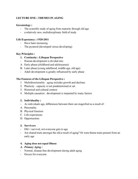 Psyc Week One Notes Lecture One Themes In Aging