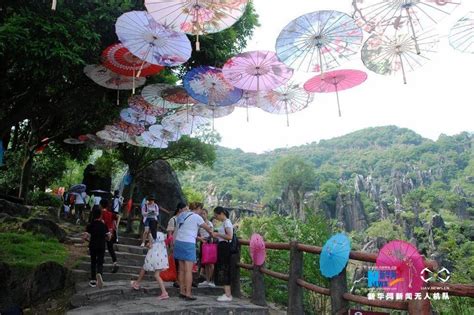 航拍广西贺州玉石林端午“缤纷花伞情” 广西玉石林景区