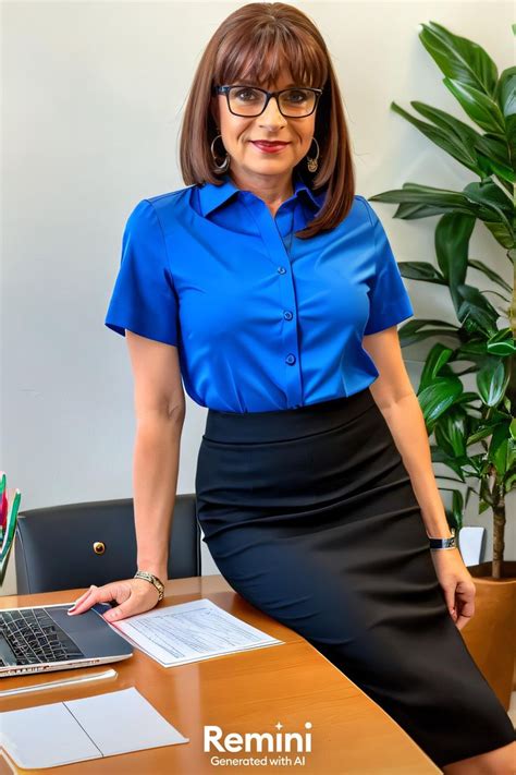 A Woman In A Blue Shirt And Black Skirt Sitting At A Desk With A Laptop