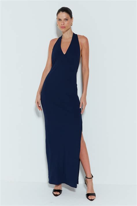 Vestido Amarrado No Pescoço - VESTIDO LONGO FRENTE UNICA AMARRACAO NO PESCOCO AZUL MARINHO – Zen Oficial