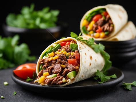 Traditional Mexican Burritos With Beef And Vegetables On Black