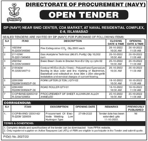 DP Navy Tender Notice For Purchase Of Different Items 2022 2025