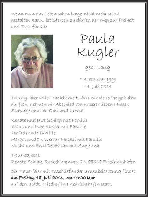 Traueranzeigen Von Paula Kugler Schwaebische De Trauerportal