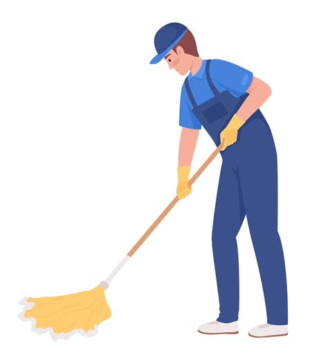 Male Janitor Properly Mopping Floor Semi Flat Color Vector Character