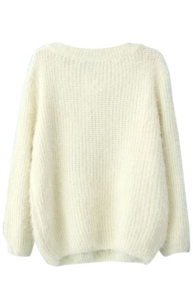 Plain Long Sleeve Mohair Knitting Needle Sweater With Round Neckline