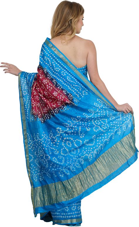 Malaga And Blue Bandhani Tie Dye Gharchola Sari From Jodhpur With