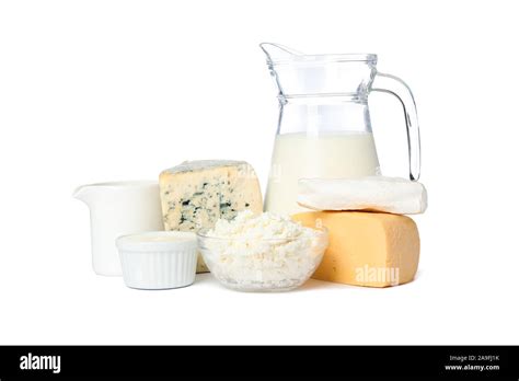 Different types of cheese and milk isolated on white background Stock Photo - Alamy