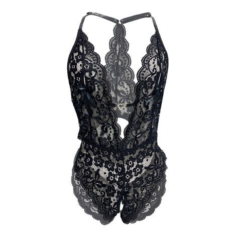 Munlar Womens Lingerie Crotchless Floral Lace Sheer Teddy Bodysuit