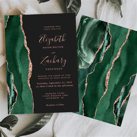 Chic Emerald Green Rose Gold Agate Dark Wedding Invitation Zazzle