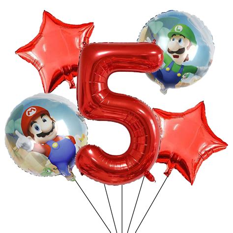 Buy Mario 5th Birthday Decorations Red Number 5 Balloon 32 Inch | Mario ...