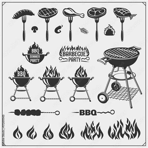 Bbq And Grill Labels Set Barbecue Emblems Badges And Design Elements