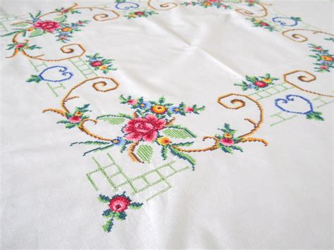 Embroidered Vintage Tablecloth Vintage White By Minoucbrocante