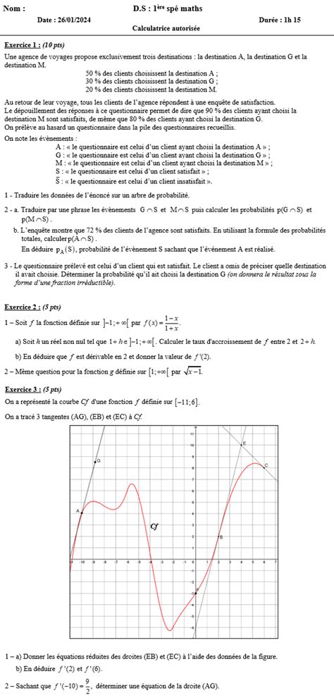 Maths 1 Evaluation sur Probabilités et nombre dérivé