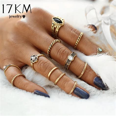 17KM Design Vintage Punk Midi Rings Set Antique Gold Color Boho Female