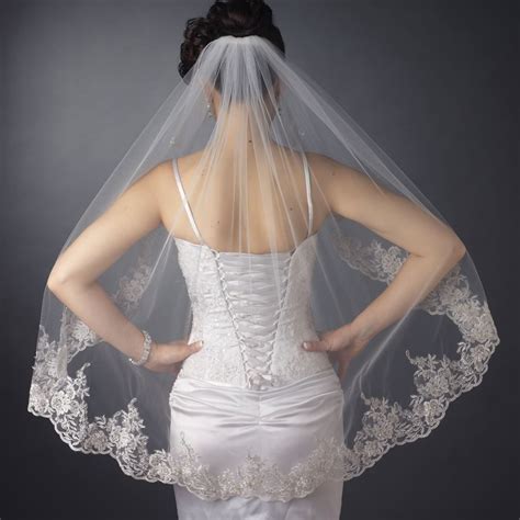 Fingertip Length Wedding Veil With Beaded Silver Embroidery Wedding