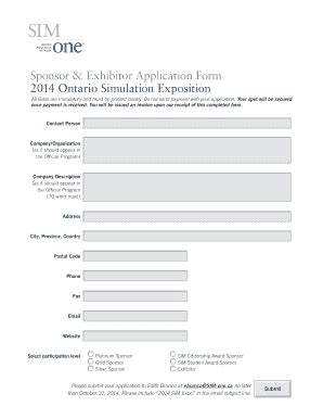 Fillable Online Sponsor Exhibitor Application Form 2014 Ontario Fax